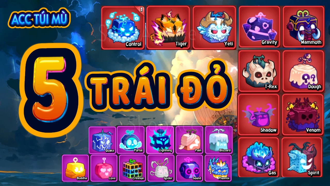 Acc túi mù có 5 trái Đỏ (Chắc chắn có 5 trái đỏ ngẫu nhiên) + Godhuman 10 võ full chiêu