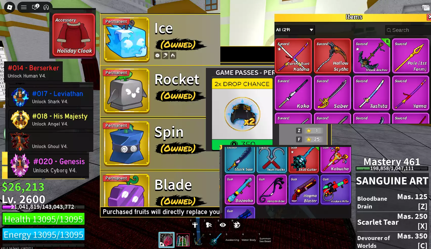 4 trái vĩnh viễn (Băng, Rocket, Spin, Blade), 1 gamepass x2 rớt vật phẩm + 5 tộc v4 full gear (Quỷ, Cyborg, Người, Thiên Thần, Cá) + Nhiều thứ xịn như mô tả